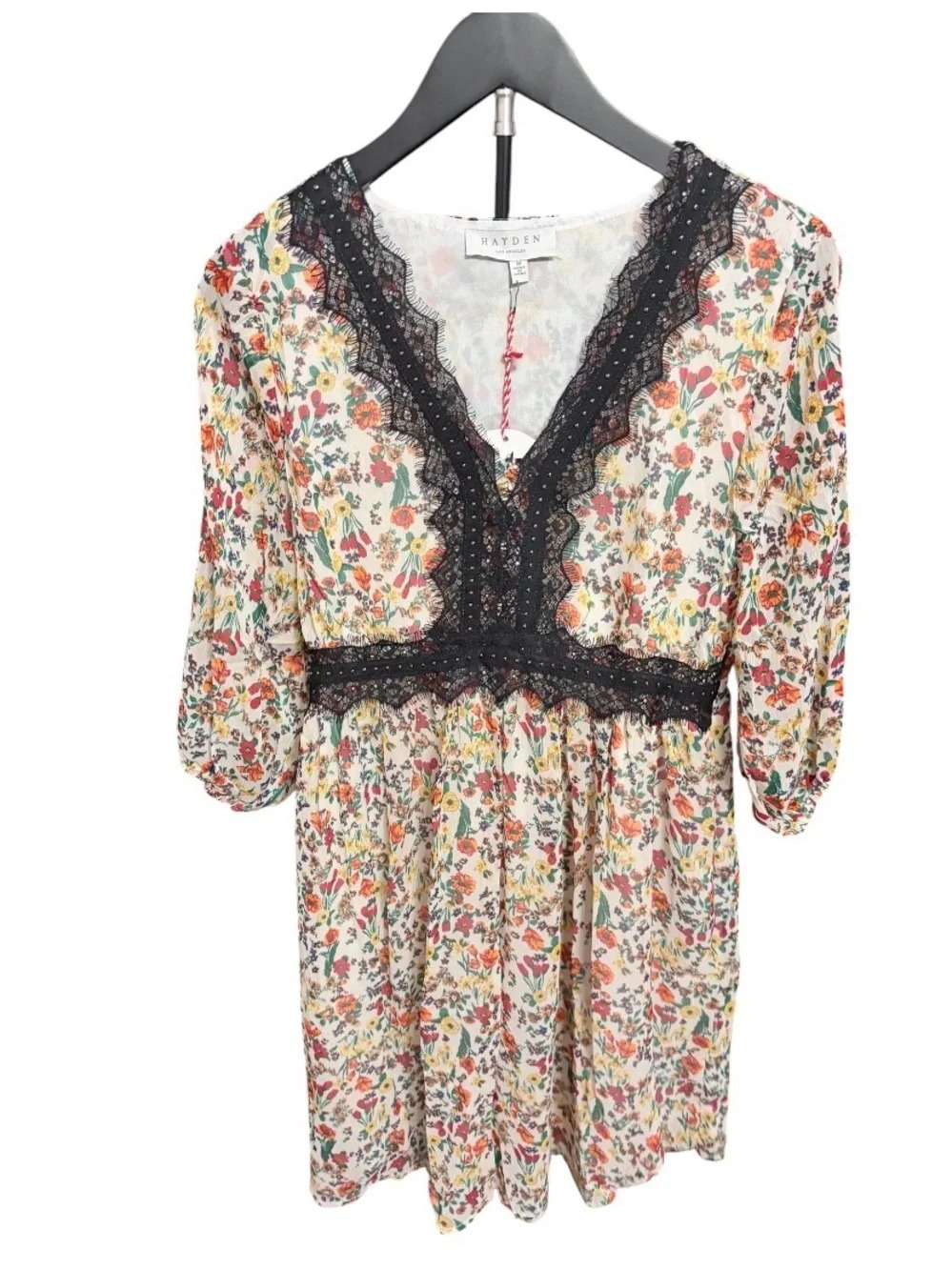 Hayden Floral Lace-Trim V-Neck Dress Medium Lined Cottagecore Boho - Picture 2 of 3